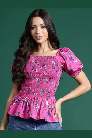 DressBerry Floral Print Puff Sleeve Crepe Peplum Top