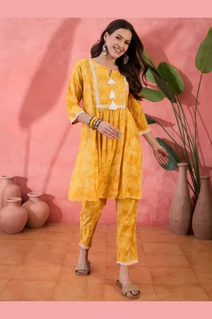 Sangria Yellow Floral Printed Notch-Neck Straight Tunic And Trouser