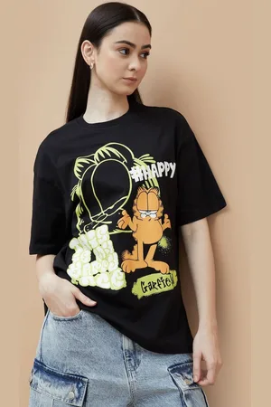 Lifestyle Women Garfield Graphic Printed Round Neck Cotton Oversized T-shirt