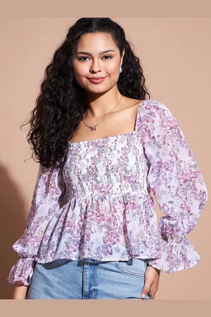 DressBerry Floral Print Puff Sleeve Georgette Peplum Top