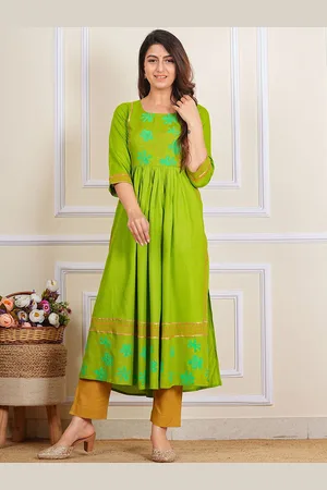 Moda Rapido Floral Printed Round Neck A-Line Pleated Pure Cotton Kurta