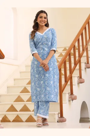 Janasya Floral Printed Pure Cotton Straight Kurta with Palazzos