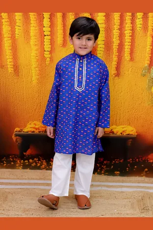 BownBee Boys Floral Printed Regular Gotta Patti Pure Cotton Kurta with Pyjamas