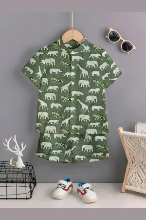 YK Boys Printed Band Collar Shirt With Shorts