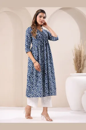 Janasya Women Blue Pure Cotton Floral Printed A-line Kurta
