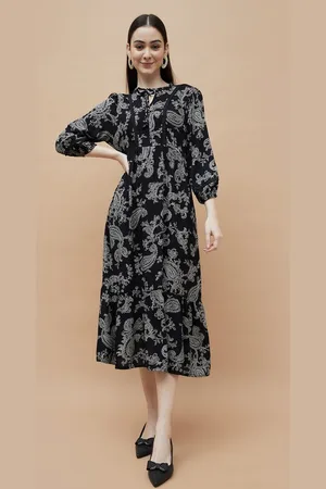 Lifestyle Women Print Tie-Up Neck A-Line Midi Dress