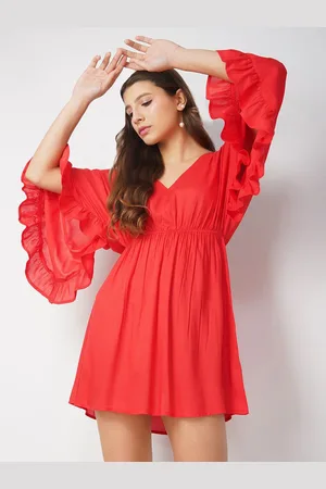 HERE&NOW V-Neck Flared Sleeves Ruffles A-Line Mini Dress