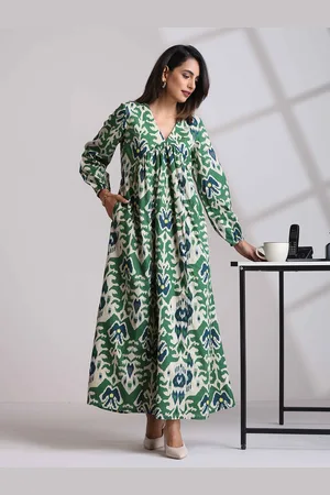 trueBrowns Women Green Cotton Ikat Flared Dress