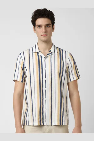 Peter England Men Cuban Collar Vertical Striped Cotton Casual Shirt