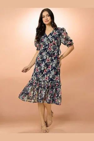 Azira Floral Printed Puff Sleeve Georgette Wrap Midi Dress