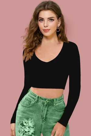 Dream Beauty Fashion Women V-Neck Long Sleeves Fitted Crop Top