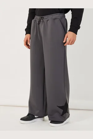 Styli Men Applique Embroidery Wide Leg Open Hem Relaxed Fit Track Pant