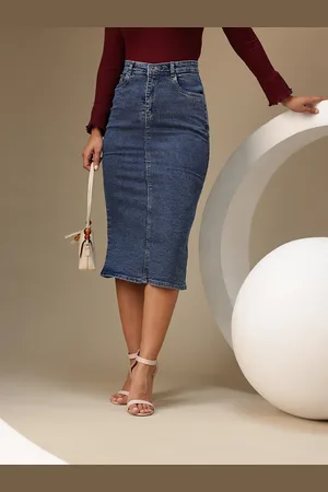 Chemistry Women Denim Pure Cotton Midi Skirt with Slit Detail
