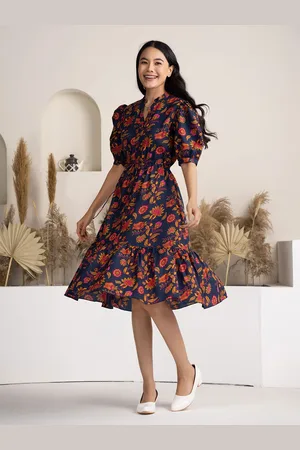 DressBerry Women Floral Printed Mandarin Collar Puff Sleeve Fit & Flare Dress