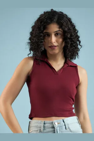 DressBerry Women Ripped Shirt Collar Sleeveless Tank Crop Top
