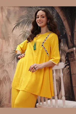 Sangria Embroidered Tie Up Neck Ethnic Co-Ords