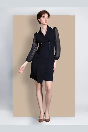 Chemistry Women Shawl Collar Bishop Sleeves Double Breasted Knee Length Work wear Dress