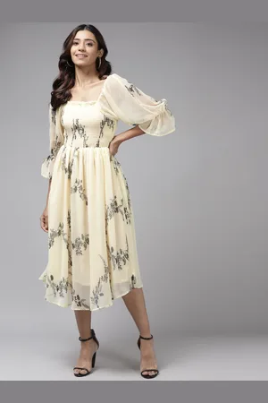 Corsica Floral Print Bell Sleeve Georgette A-Line Midi Dress