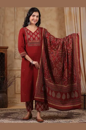 AUTUMN LANE Floral Printed V-Neck Pure Cotton Kurta With Palazzo And Dupatta