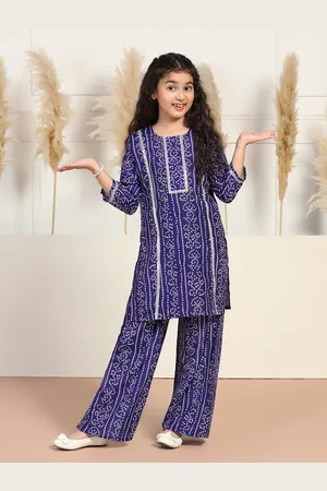 Sangria Blue & White Girls Bandhani Printed Round Neck Straight Kurta With Trouser
