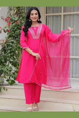 Celebravo Embroidered Sequinned V-Neck Straight Kurta With Trousers And Dupatta