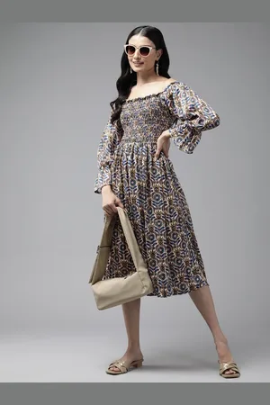 Corsica Women Floral Printed Bell Sleeve Smocked Fit and Flare Midi Dress