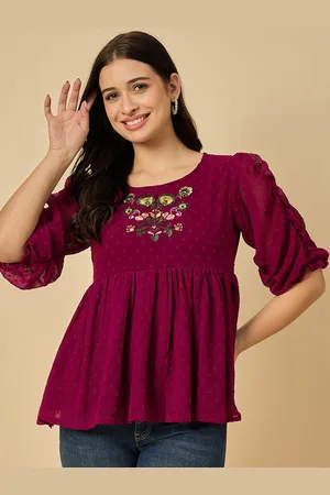 Azira Embroidered Puff Sleeve Georgette Peplum Top
