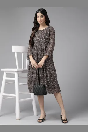 Corsica Floral Print Puff Sleeve Georgette A-Line Midi Dress