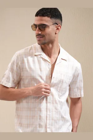 LocoMotive Premium Men Dobby Textured Checked Cuban Collar Relaxed Fit Shirt