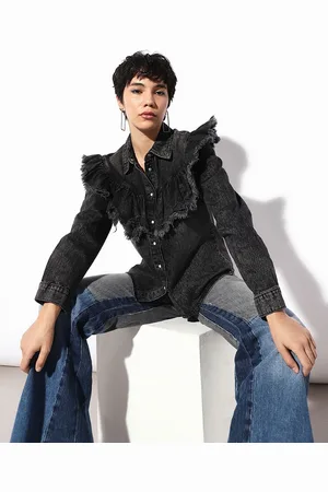 ONLY Women Spread Collar Faded Dyed Denim Casual Shirt