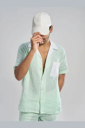 Terra Luna Men Cuban Collar Vertical Striped Linen Casual Shirt