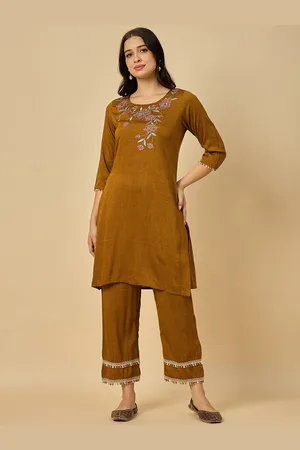 Azira Floral Embroidered Round Neck Tunic With Trousers