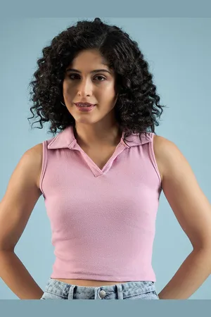 DressBerry Women Ribbed Shirt Collar Cotton Fitted Crop Top