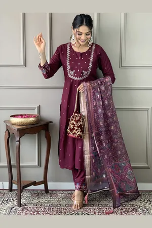 Ethnic Yard Floral Embroidered Pleated Sequinned Straight Kurta With Trouser & Dupatta