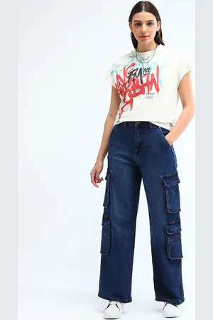 Flying Machine Women Relaxed Fit High-Rise Light Fade Stretchable Cargo Jeans