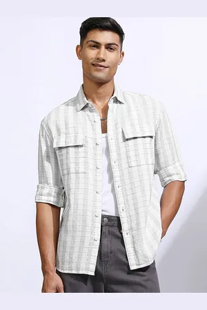 LocoMotive Premium Men Cotton Linen Textured Checked Utility Pocket Relaxed Shirt