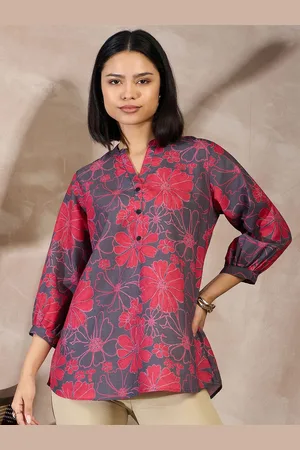 all about you Women Floral Printed Mandarin Collar Cuffed Sleeve A-line Top