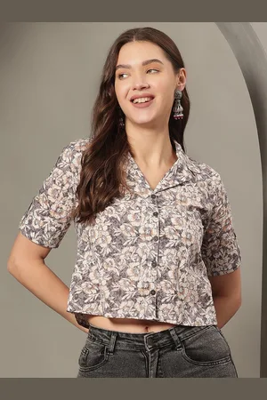 Kalini Floral Printed Roll-Up Sleeves Cotton Shirt Style Crop Top
