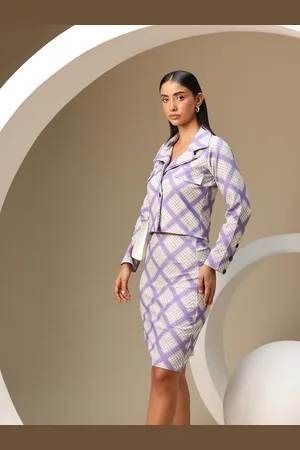 Chemistry Check Printed Faux Pocket Blazer with Skirt Co-Ord Set