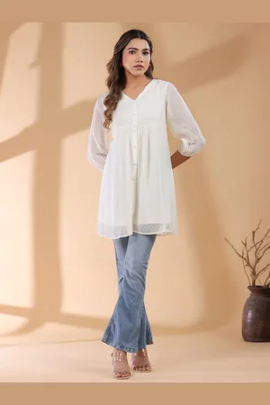 Janasya Women Off White Chiffon Self Design A-Line Tunic