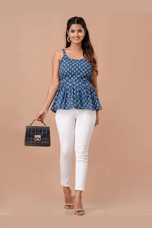 LIVING ROOTS Floral Block Printed Shoulder Straps Pure Cotton Peplum Top