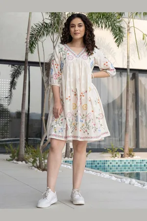 AUTUMN LANE Floral Printed Cotton A-Line Knee Length Dress