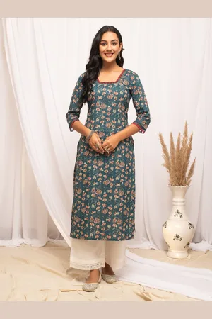 FIORRA Floral Printed Square Neck Pure Cotton Straight Kurta