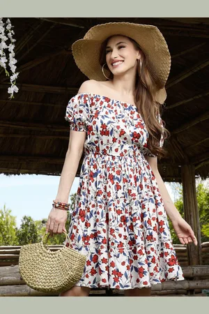 Sera Women Floral Printed Off-Shoulder Puff Sleeves Fit & Flare Dress