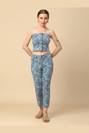 Chemistry Baroque Floral Printed Sleeveless Denim Top With Trousers