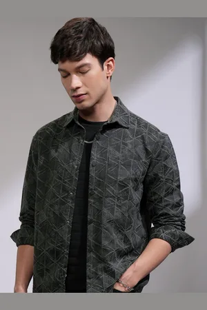Highlander Men Brushed Jacquard Textured Spread Collar Relaxed Overshirt