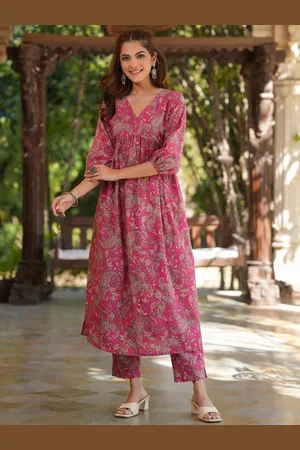 Janasya Women Pure Cotton Floral Printed A-line Kurta Set