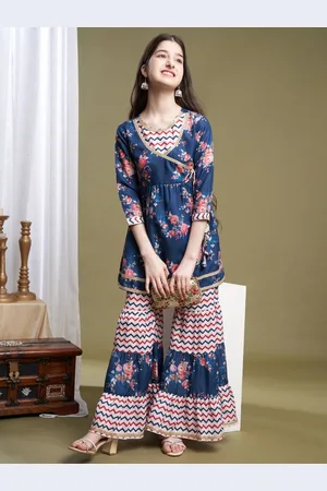 CurlyTales Girls Printed Angarkha Kurta with Sharara Set