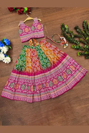 BAESD Girls Bandhani Printed V-Neck Ready to Wear Lehenga With Blouse