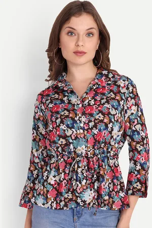 FNOCKS Women Printed Bell Sleeve Applique Peplum Top